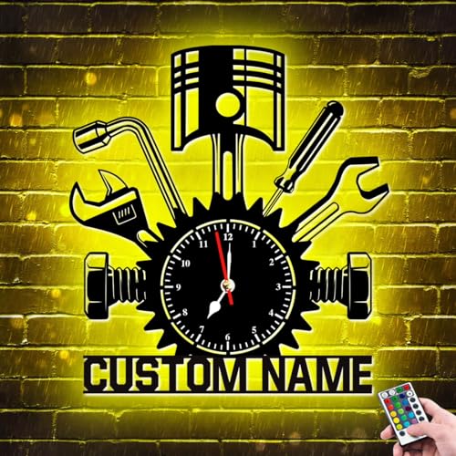 Horloge murale personnalisée d'atelier de réparation - Panneau néon en métal personnalisé - Avec nom lumineux à DEL - Quartz silencieux - Sans tic-tac -...