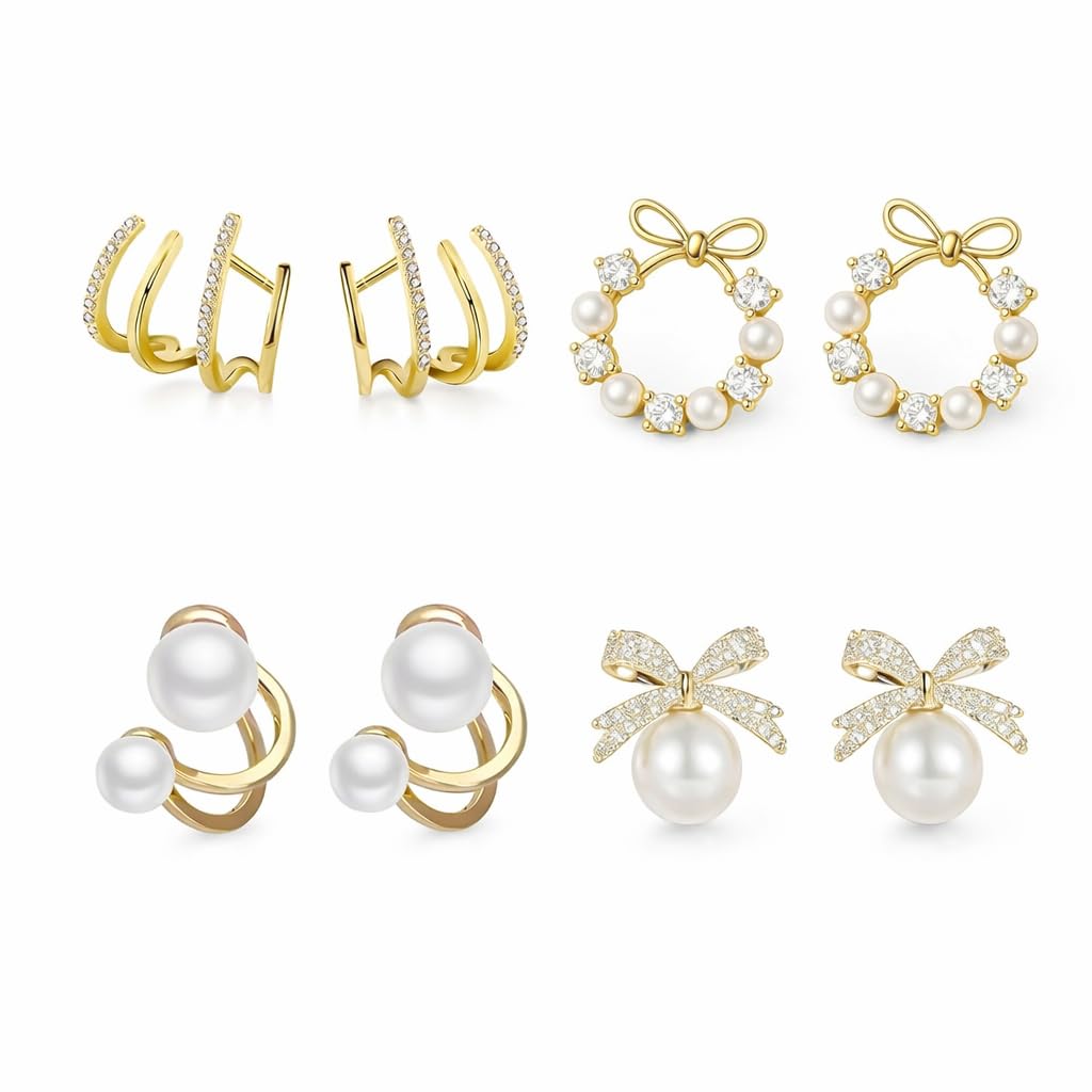 Buy Gold Plated Pearl Earring Set, 4 Pairs, Bow and Crystal Design