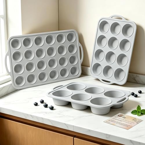 Vnray 3Pcs Silicone Muffin Pan 6, 12 and 24 Cup with Metal Frame, Non Stick Jumbo Cupcake Pan with Handles, BPA Free Silicon Mini Muffin Tin Regular Tray For Baking,Egg Bites,Mold Light Grey