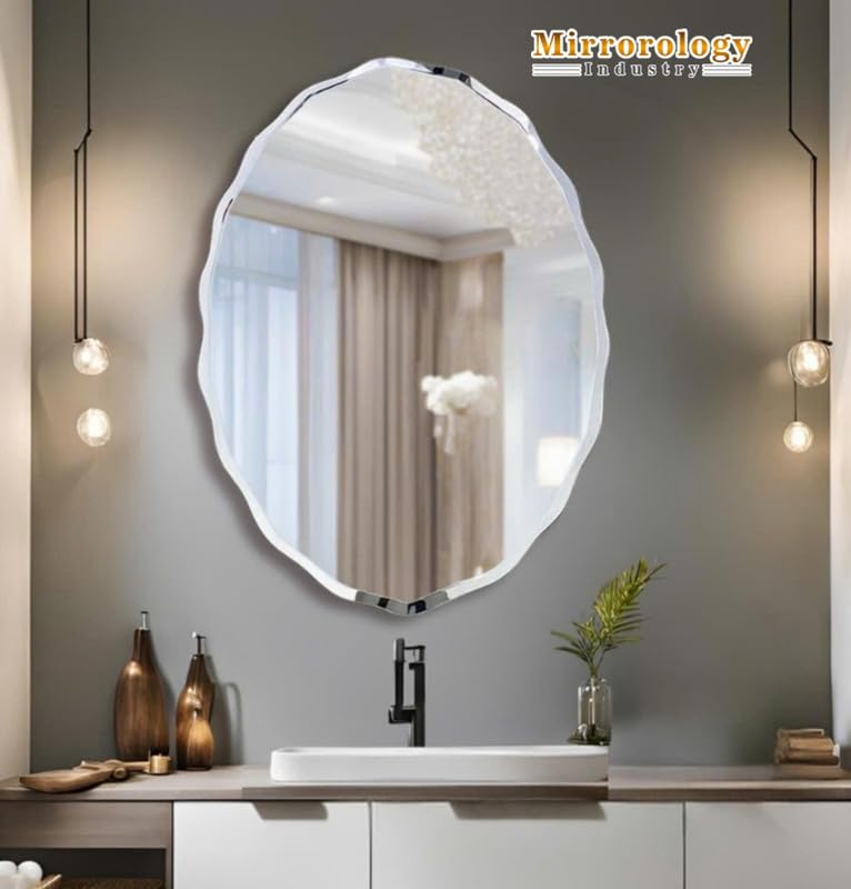 Image of 12x18 Inch Wave Cut Edge Wall Mirror | Frameless Decorative Mirror with 5mm HD Glass for Bathroom, Vanity, Entryway & Bedroom | Modern Floating Glass Design