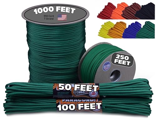 BORED? PARACORD! 550 lb Paracord - Ideal for Crafting, Camping, DIY Projects, Active & Military Outdoors - Strong Survival Rope - Tactical Parachute Cord Type III - Kelly Green 100 Feet