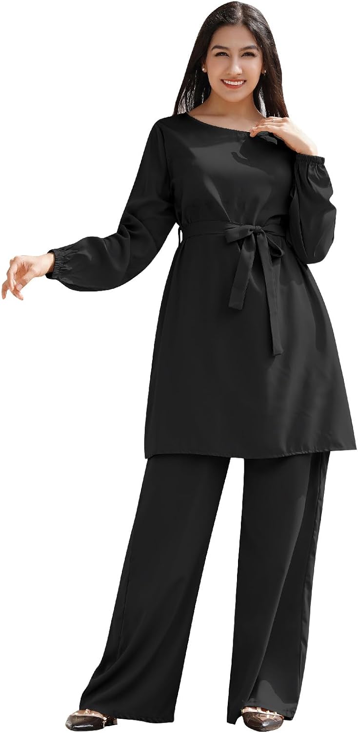 IWEMEK Abayas for Women Muslim Long Sleeve Loose Top Pants 2 Pcs Eid Ramadan Outfits Casual Islamic Muslim Clothes with Belt