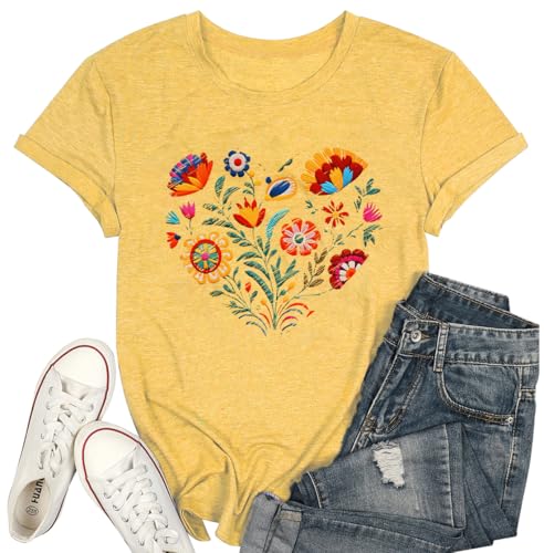 Mexican Shirts for Women Mexico Fiesta Party Blouse Boho Flower Folklore Floral Heritage Tee Tops