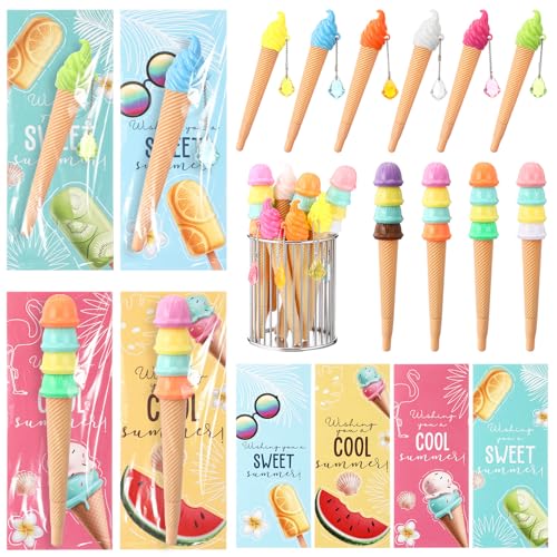 Gueevin 30 Sets Ice Cream Party Favors Novelty Ice Cream Cone Pens with Greeting Card and White Gift Bags for School Beginning of The Year Summer Beach Party Favors Office Class Supplies (Classical)