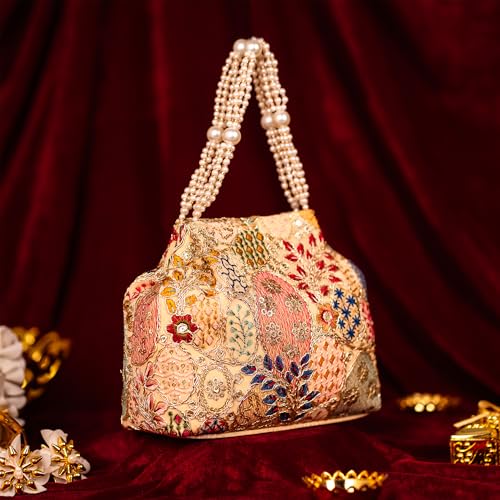 Image of Opulent Pearl Potli Bag, Bridal Wedding Handbag, Designer Beaded Clutch for Women, Festive Ethnic Purse