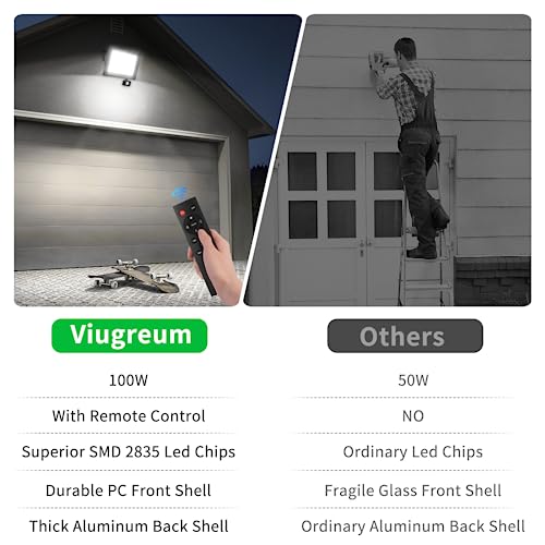 Viugreum 100W Led Motion Sensor Security Lights Outdoor Floodlight Mains Powered with Pir 10000 LM 6500K Cool White Outside Wall Flood IP66 Waterproof Spotlight Remote Control for Garage Garden - Image 4