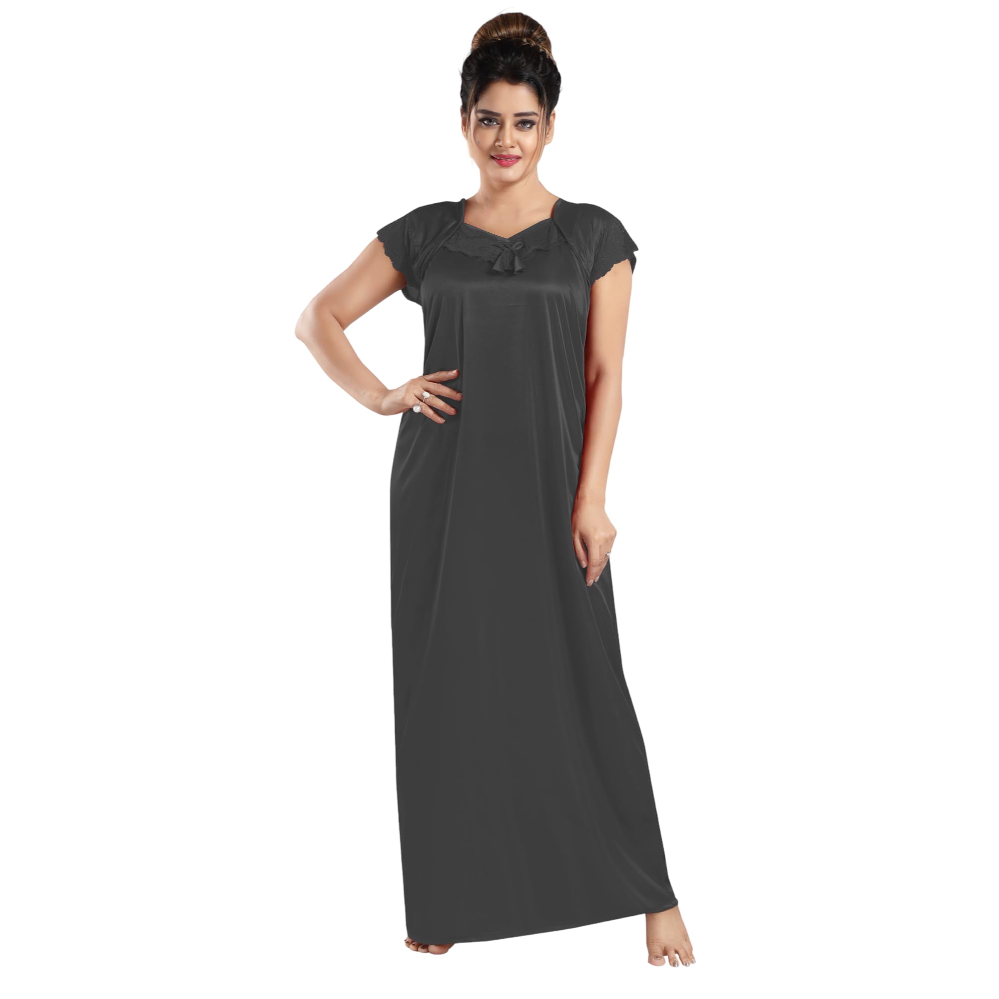 Apparels Solid Satin Nighty | Lace Work Neck Design Nightgown | Regular Nightwear/Maxi for Women/Mother/Wife/Girlfriend-image-38
