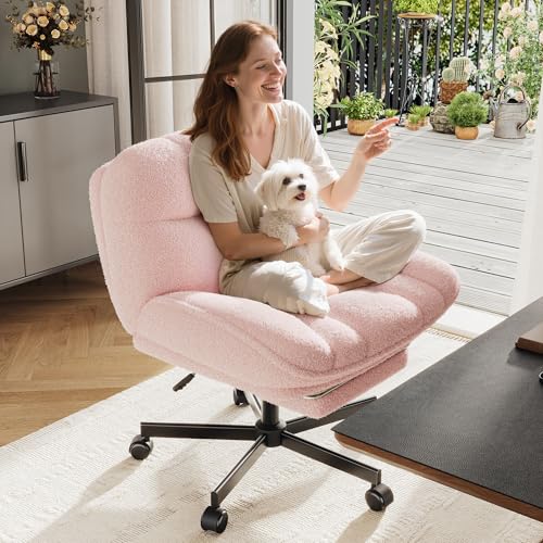 Image of DurayLoly Criss Cross Office Chair with Footrest, 6.3 inch Thick Cushioned Cross Legged Office Chair with Wheels, Reclining & Height Adjustable, Swivel Armless Vanity Chair for All-Day Comfort (Pink)