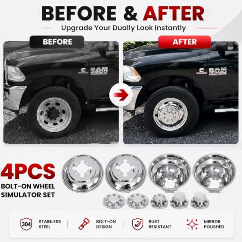 Image of 4pcs 17inch Anti Rust Polished Stainless Steel Dually Wheel Simulators Fit for 2003-2018 Dodge Ram 3500, 8 Lug 5 Hand Holes Bolt On Wheel Cover with Removable Centre Cap Hubcaps 708D