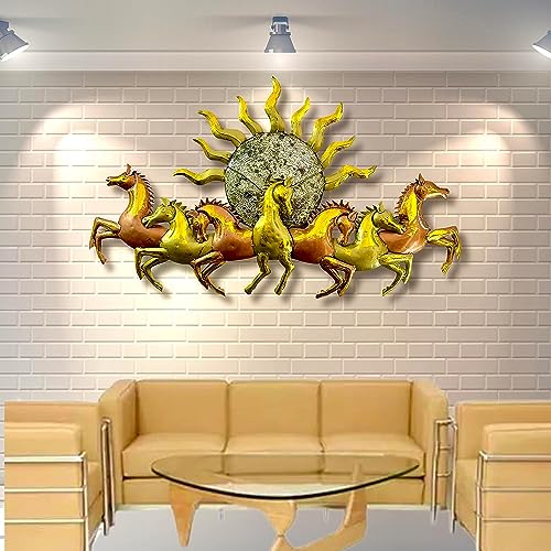 Anshika International Wall Art Sculpture Metal for Living Room, Wall Hangings for Home Decoration, Scenery Showpiece Decorative Items for Bedroom for 7 Horse with LED Light (Size: 46X27 IN)