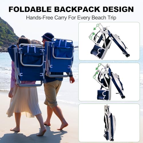 Image of Romswi Extra Wide Beach Chair with Canopy Shade, 2 Pack Aluminum Folding Chairs with Detachable & Adjustable Umbrella, 5-Position Lay Flat, Cooler Bag, Cup & Phone Holder, Towel Bar, Navy Blue