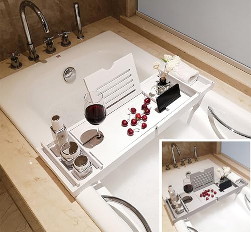 Bandeja extensible de bambú para bañera de madera ajustable de 75 a 109 cm, perfecta para velas, toallas, libros, teléfonos de vino, accesorio ideal para ducha (caja doble: bambú)