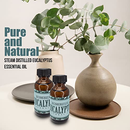 Eucalyptus Essential Oil, Natural Oil for Relaxation Multiple Benefits, Good for Making or Use - Body Soap, Candles, Lotion, Diffuser,& More 1oz Amber Glass Bottles Romeriza.Inc
