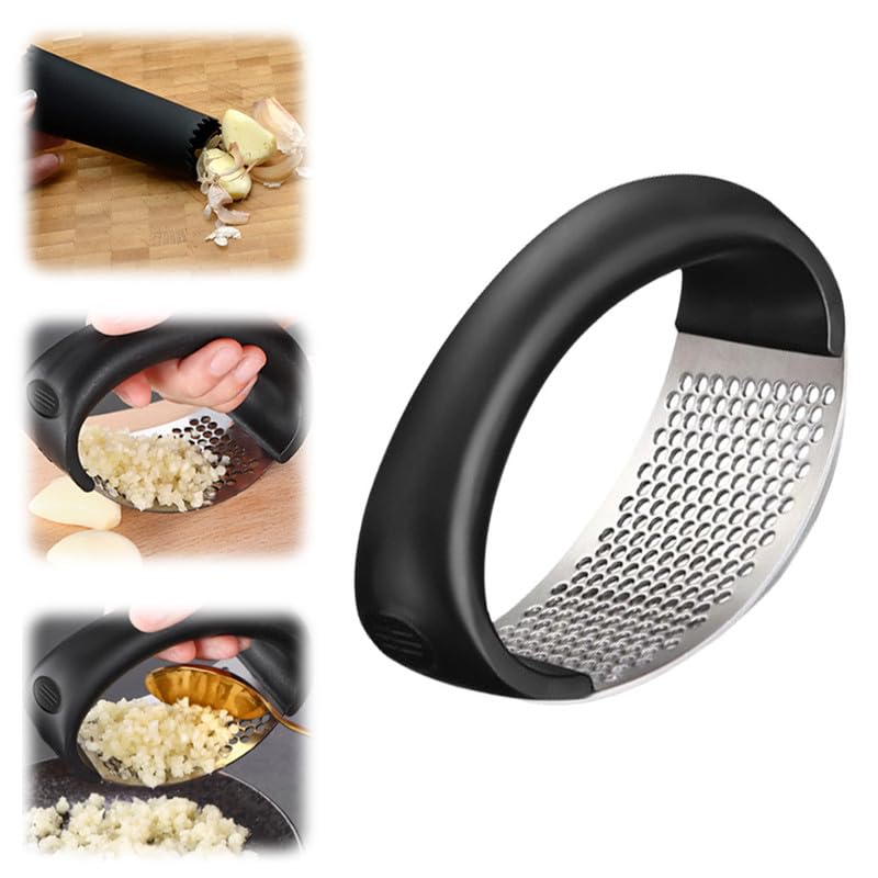 Stainless Steel Garlic Press, 2024 New Garlic Press Rocker Crusher Masher with Garlic Peeling Drum, Portable Manual Heavy Duty Garlic Mincer, Garlic Chopper for Household Kitchen Utensils(Black,1PCS)