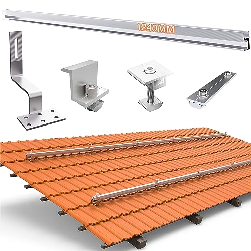 TEOV Kit de montage PV toit en tuiles avec rail de montage de 1240 mm et crochet de toit, support de panneau solaire avec pince d'extrémité et pince centrale de 40 mm, pour 3 panneaux solaires