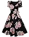 OBBUE Women's Square Neck Dress Vintage 1950s Cocktail Party Dress with Puff Sleeves Black Pink Rose XS