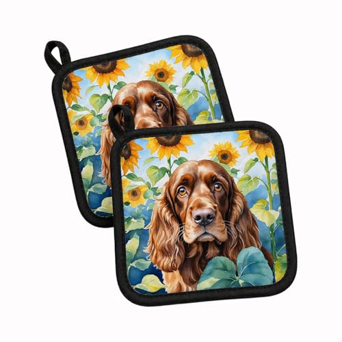 Caroline's Treasures English Cocker Spaniel in Sunflowers Pair of Pot Holders Kitchen Heat Resistant Pot Holders Sets Oven Hot Pads for Cooking Baking BBQ, 7 1/2 x 7 1/2