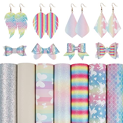 Lot de 7 feuilles en similicuir mixte série arc-en-ciel motifs papillon écailles sirène paillettes fines litchi pour fabrication de nœuds papillon et boucles d'oreilles 20 x 30 cm Cover