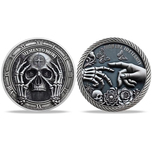 AtSKnSK Memento Mori Münze – Gesicht-haltender Skelett, Herausforderungs-Medaillon, Stoische Münze und Erinnerungsstück für Damen und Herren