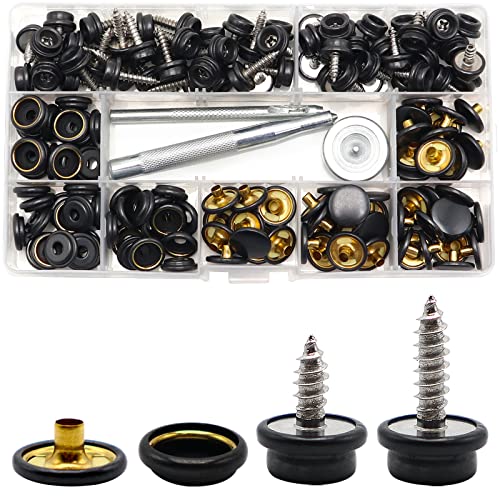 150 pcs Canvas Snap Kit-2 Sizes,Metal Screws Upholstery Fasteners Marine Grade 3 8  Socket Stainless Steel Boat Snaps with 3 pcs Setting Tool for Boat Carpet Cover Furniture (Black)