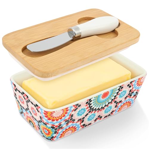 Butter Dish with Lid 5.83" Large Butter Dish for Countertop Bohemian Ceramic Cheese Keeper Container with Knife and Bamboo Lid Cheese Holder for Counter (A)