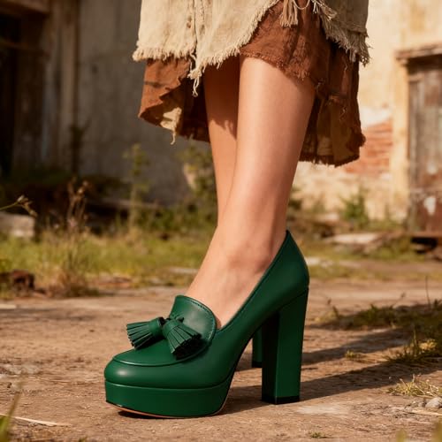 Image of SHODENSE Women Vintage Chunky Platform Loafers Pumps Tassel Round Closed Toe Slip On Suede Block High Heel Dress Loafer Shoes Buckle Strap Oxford Loafers Fringe Pump Dressy Chic Sexy Y2k 4-11 M US