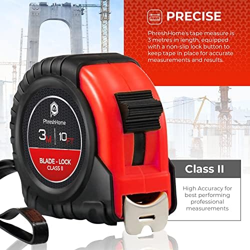 PhreshHome 3 Metre Tape Measure Retractable Measuring Tape 3m/10ft Imperial & Metric Measurements Impact Resistant Metric Tape Measure with Rubber Outer Cover Suitable for Professional Use