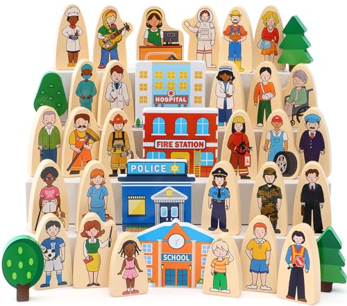 Atoylink 36Pcs Wooden Community Helpers Pretend Play Toys for Kids 3 4 5 6 Year Old Wooden People Figures Blocks Occupations Dress up Toddlers Preschool Learning Toys Boys Girls Birthday Gifts