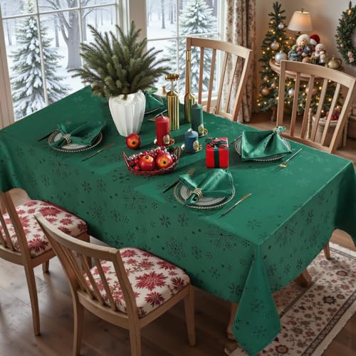 MATIRUG Christmas Table Cloth for Rectangle Tables 52x70 Inch,Spillproof Wrinkle Free Green Snowflake Jacquard Fabric Tablecloth for Xmas Winter Holiday New Year – Image 4