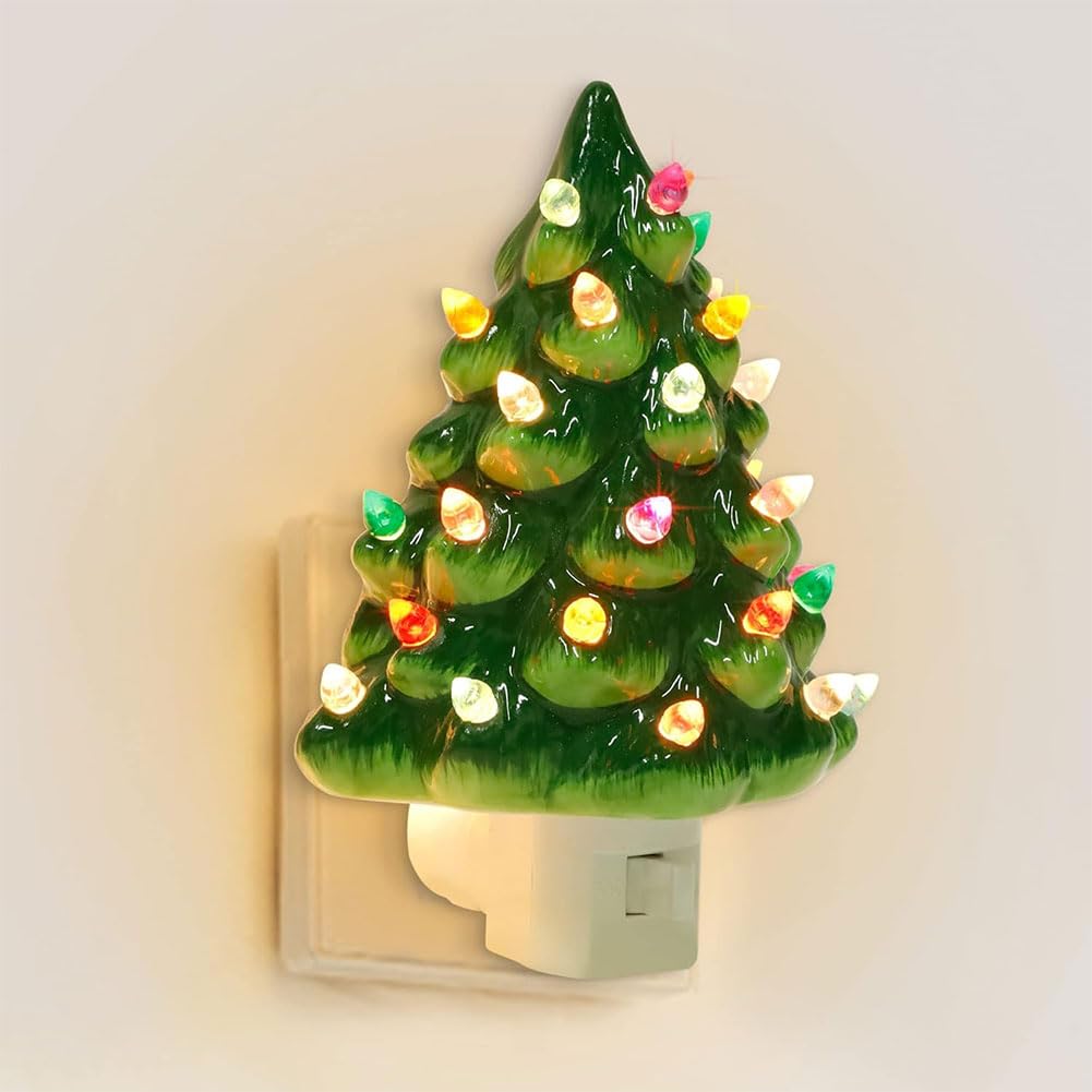 HTU Christmas Tree Night Light Vintage Christmas Night Light with Multicolor Bulbs Plug in Decorative Christmas Tree Nightlight for Bedroom Living Room Holiday Decor