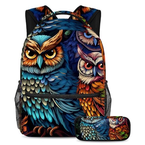 Cartable chouette et trousse pour école : ensemble de 2 pièces grand format