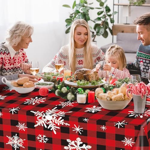 3 Pieces Snowflake Tablecloth Disposable Table Cover - 54"x108" Red and Black Check Table Cloth with Winter Snowflake for Christmas Party Supplies, Seasonal Family Gatherings, and Winter Decorations – Image 4