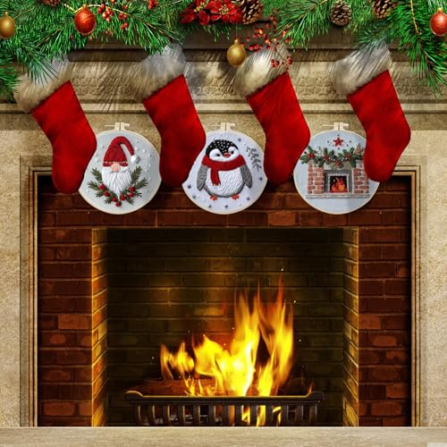 Image of EOBTAIN 3 Pcs Funny Christmas Embroidery Kit for Beginners,Red Gnome and Penguin Embroidery Starter Kit Winter Xmas Fireplace Stamped Patterns with Hoop,Thread,Needles,Hand DIY Craft Kits for Adults