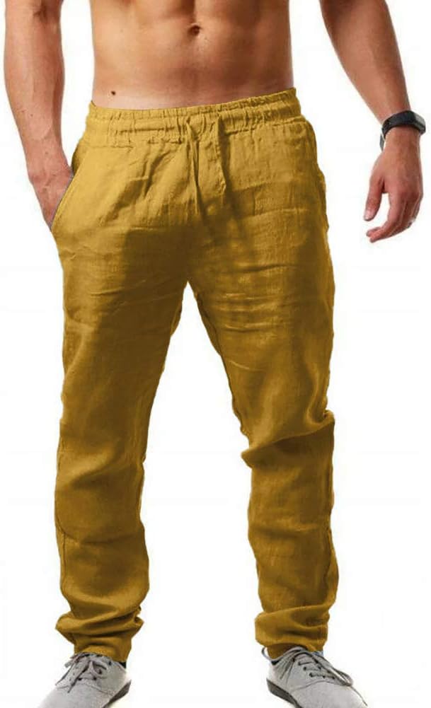 MorwenVeoMen's Linen Pants Casual Long Pants - Loose Lightweight Drawstring Yoga Beach Trousers Casual Trousers - 6 Colors