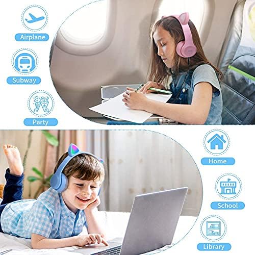 Megadream Kids Wireless Headphones, Bluetooth Over Ear Headphones with Microphone, Cat Ear LED Light Child Headset TF Card/Wired Foldable Earphones for Girls Boys Gift Age 7+ (Pink)