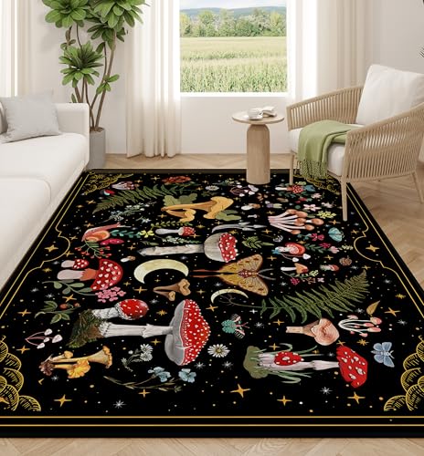 Mushroom Moth Area Rugs for Living Room Dining Room Bedroom Farmhouse Non-Slip Machine Washable Black Living Room Rug Carpet 3x5 Witchy Decor Aesthetic