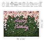 Riyidecor Happy Birthday Backdrop for Women，Girls Flower Wall Pink Rose，Green Leaves Floral Blossom Botanical Plant Nature 7Wx5H Feet Photography Background 30 Birthday Photo Studio Shoot Fabric - Image 3