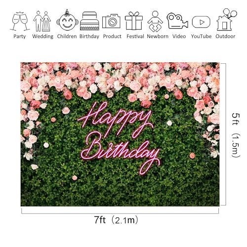 Riyidecor Happy Birthday Backdrop for Women，Girls Flower Wall Pink Rose，Green Leaves Floral Blossom Botanical Plant Nature 7Wx5H Feet Photography Background 30 Birthday Photo Studio Shoot Fabric by Riyidecor - Image 3