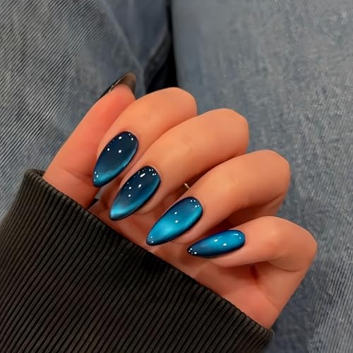 KQueenest Cat Eye Press on Nails Almond, Glitter Dark Blue