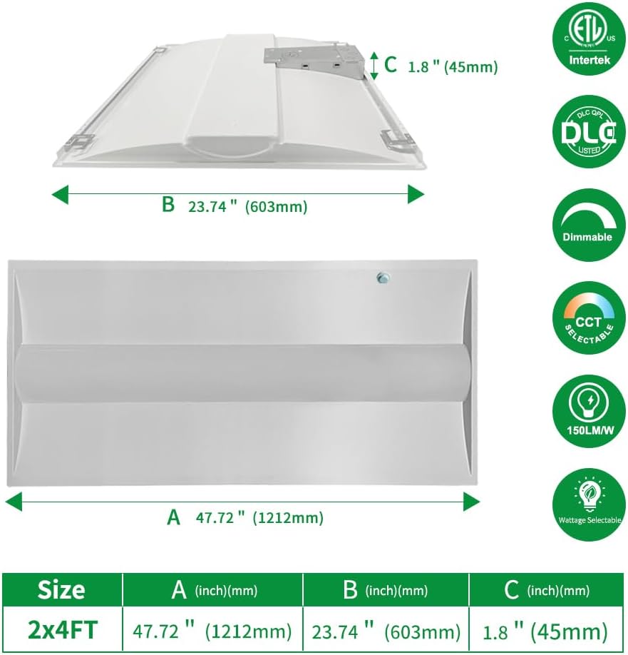 2x4 LED Troffer Light, 0-10V Dimable Recessed Drop Ceiling Light, Adjustable Wattage & CCT 2x4 ft Center Basket Troffer Panel, 25W to 50W, 3000K to 5000K, ETL, 2PK