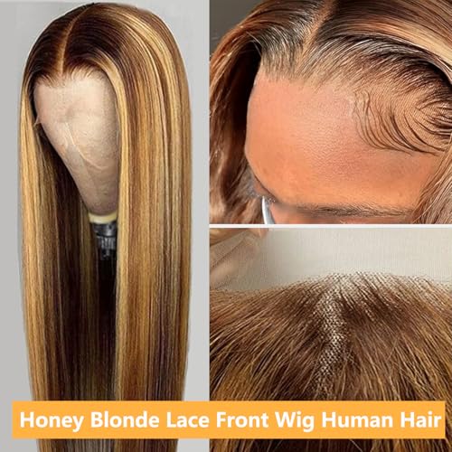 Image of LETMIEO 20 inch Ombre Lace Front Wig Human Hair 13x6 HD Straight Highlight Wig Human Hair 180% Density 4 /27 Colored Honey Blonde Lace Frontal Wigs For Women Glueless Pre Plucked with Baby Hair