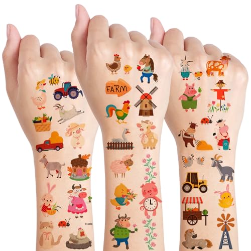 Qpout 10 Hojas Tatuajes de Fiesta de granja, 66 piezas Lindo Animal de Granja Tatuajes Temporales con tema para niños Decoraciones de cumpleaños Favores de fiesta de granja Suministros
