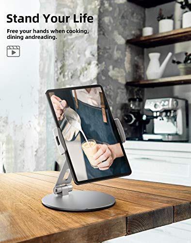 Stouchi Tablet Stand, 360°Tablet Swivel Base Holder Galaxy Tab S8, Adjustable Desk Mount for iPad Mini 2021,Galaxy S22, POS Kiosk, Surface Pro 4, iPad Pro/Air fits 4-14” Tablet & Phone Silver