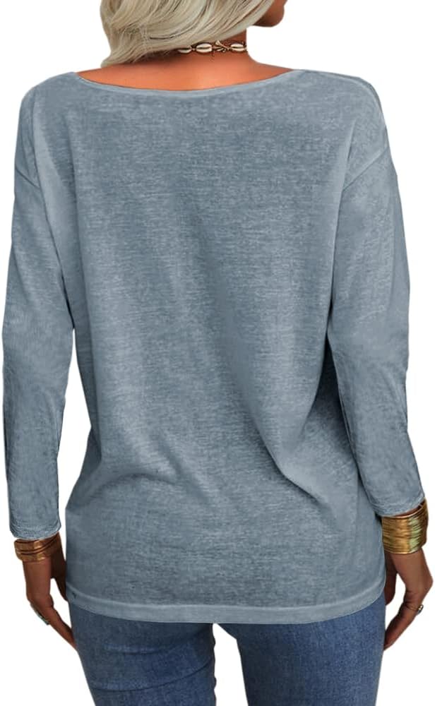 Danedvi Women Fashion Deep V-Neck Long Sleeve Tops Solid Casual Loose Basic T Shirt - Image 2