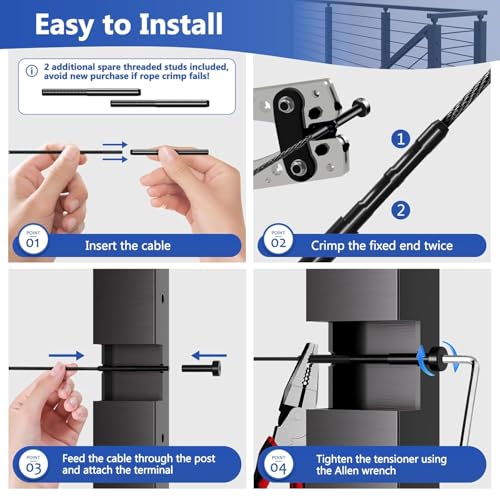 Image of 30Pack Swage 1 /10 inch 1 /8 inch Invisible Cable Railing Kit Tensioner Terminal Hidden - PVD Coating Long-Lasting Finish, T316 Stainless Steel Cable Railing Hardware for 2 inch x 2 inch Metal Wood Post, Black