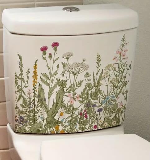 Green Plant Chrysanthemum Flowers Toilet Cover Sticker Decals,Butterfly Flower Leaf Waterproof Toilet Lid Tank Seat Decals Cistern Self-Adhesive Bathroom Wall Sticker