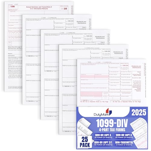1099 DIV Tax Forms 4 Part 2025 - Kit for 25 Vendors 4-Part, Complete Laser DIV Dividends and Distribution Forms Value Pack, Compatible with QB and Accounting Software