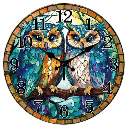 CHGCRAFT Horloge murale colorée en forme de hibou sans tic-tac 30,5 cm ronde décorative horloge murale imprimée pour la décoration de la maison et du bureau