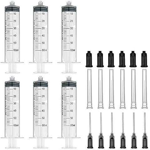 6 Pack 60ml Syringes with 16Gx1.0'' Blunt Tip Fill Needles and Storage Caps(Luer Lock) Cover