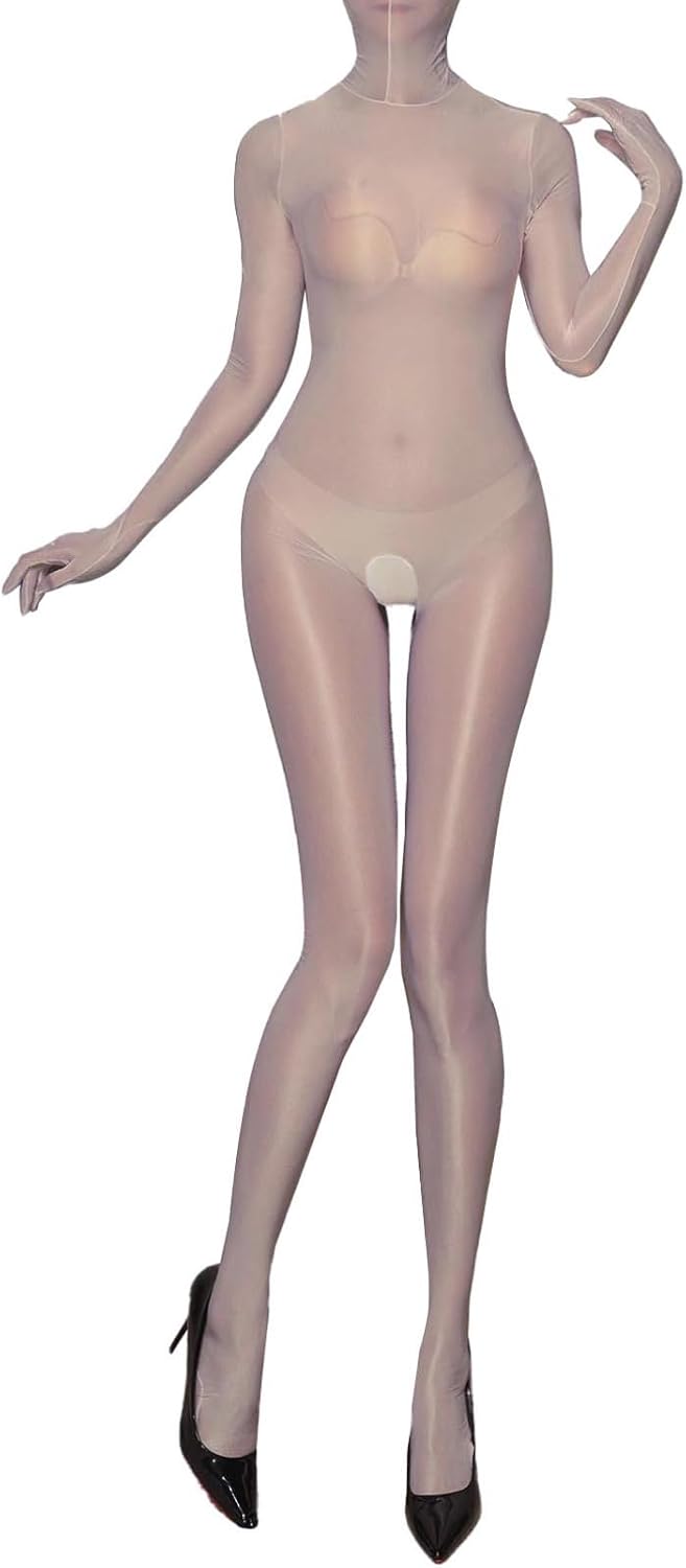 Agoky Women's Crotchless Bodystocking Bodysuits Smooth Nylon Sheer Zipper Jumpsuits Shapewear